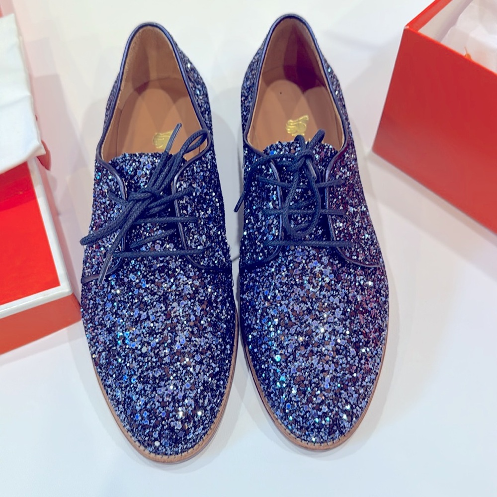 Bobbies Paris La Majorette Derbies in navy glitter Bleu Cosmique. Size 6/36 NWT